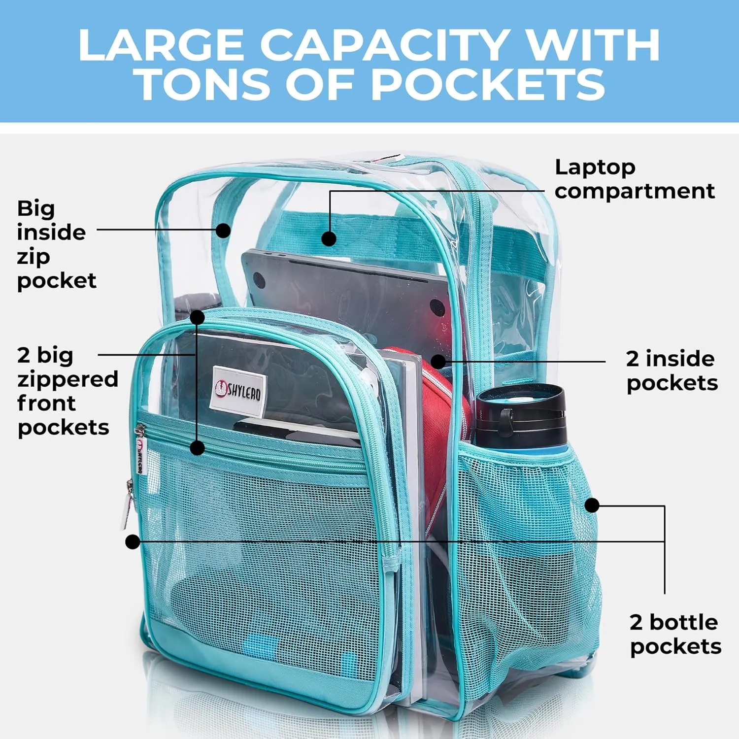 SHYLERO Clear Backpack Heavy Duty has TSA Lock, 2-WAY Zipper. PVC Transparent Backpack Is Extra Large - H18''xW14''xD8 - Turquoise