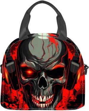 Skull Headphones red eyes headphones listening to music Halloween Insulated Adult Lunch Bag with Shoulder Strap for Women Lightweight Reusable Portable Freezable Lunch Tote Bag for Work Picnic