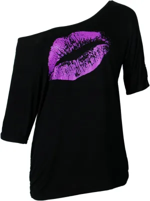 Smile Fish Women Casual Oversized Sexy Lips Print Off Shoulder T-Shirt