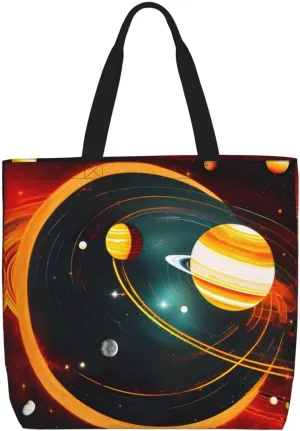 Solar System Jupiter Saturn Print Tote Bag Shoulde Bag Handbag Grocery Bags Reusable For Office Shopping Travel Casual Work Holiday