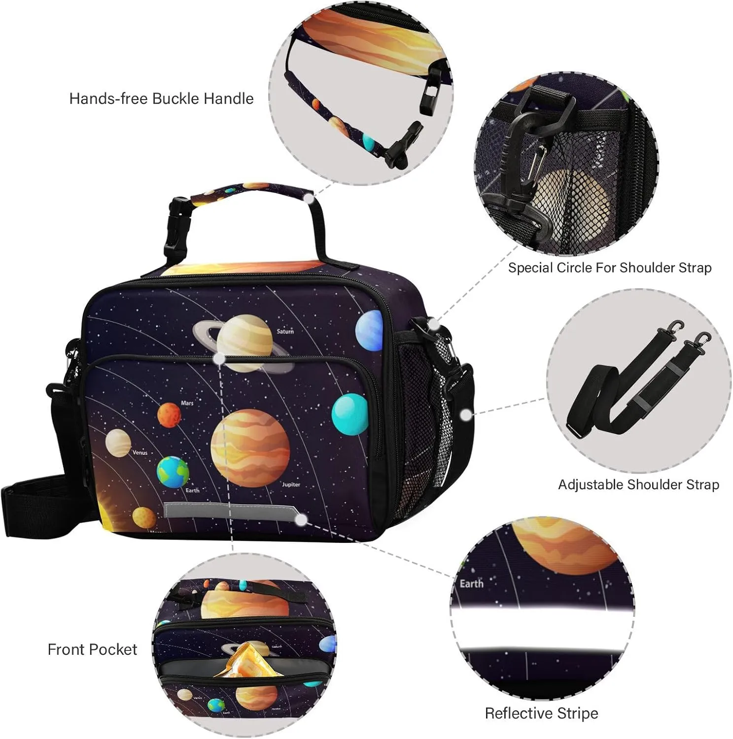 Solar System Lunch Bag for Women Men Planets Orbits Insulated Cooler Tote Bag with Adjustable Shoulder Strap Large Capacity Reusable Leakproof Picnic Lunch Box Outdoor for Adult Office