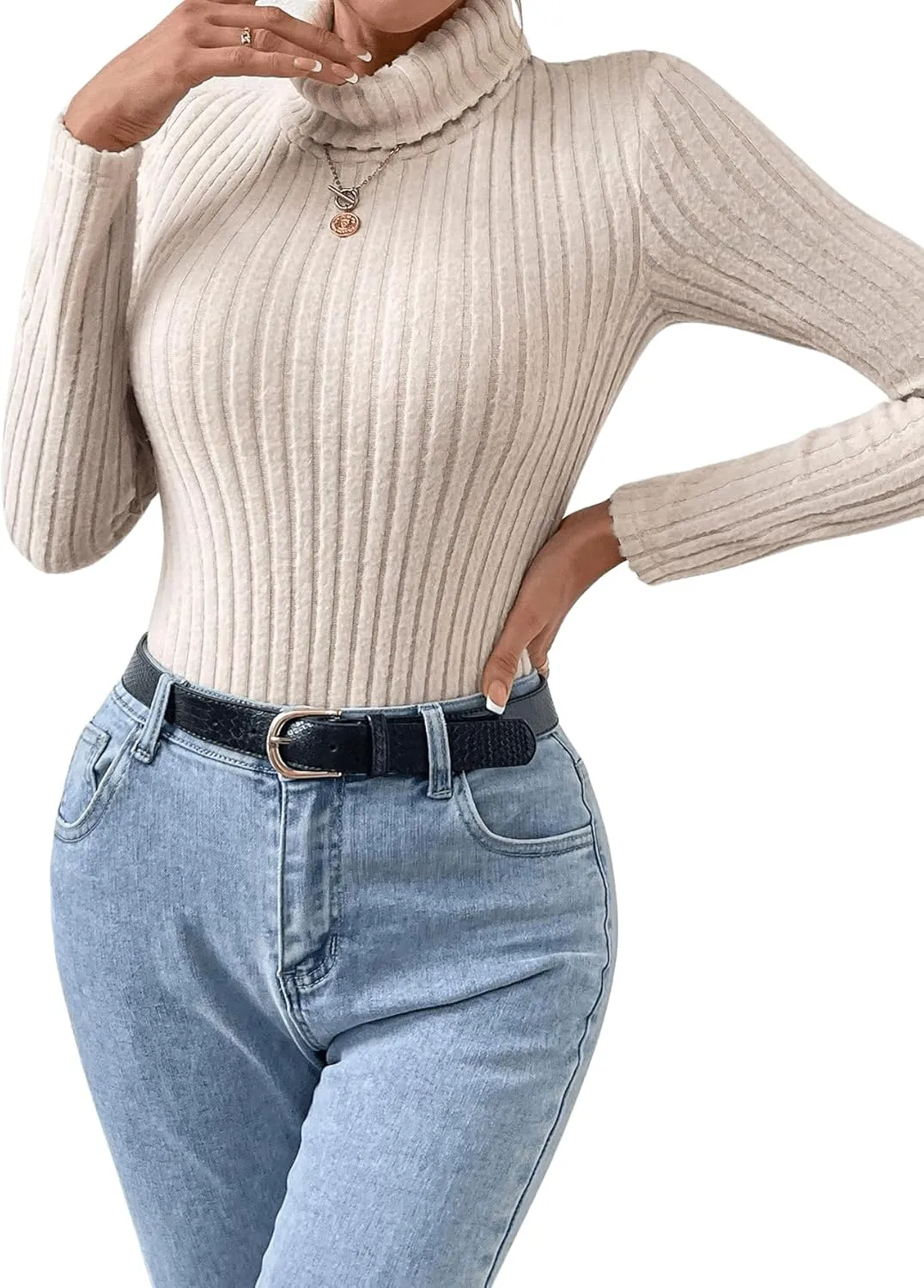 SOLY HUX Women's Bodysuit Turtleneck Long Sleeve Solid Bodysuit T Shirt Tops
