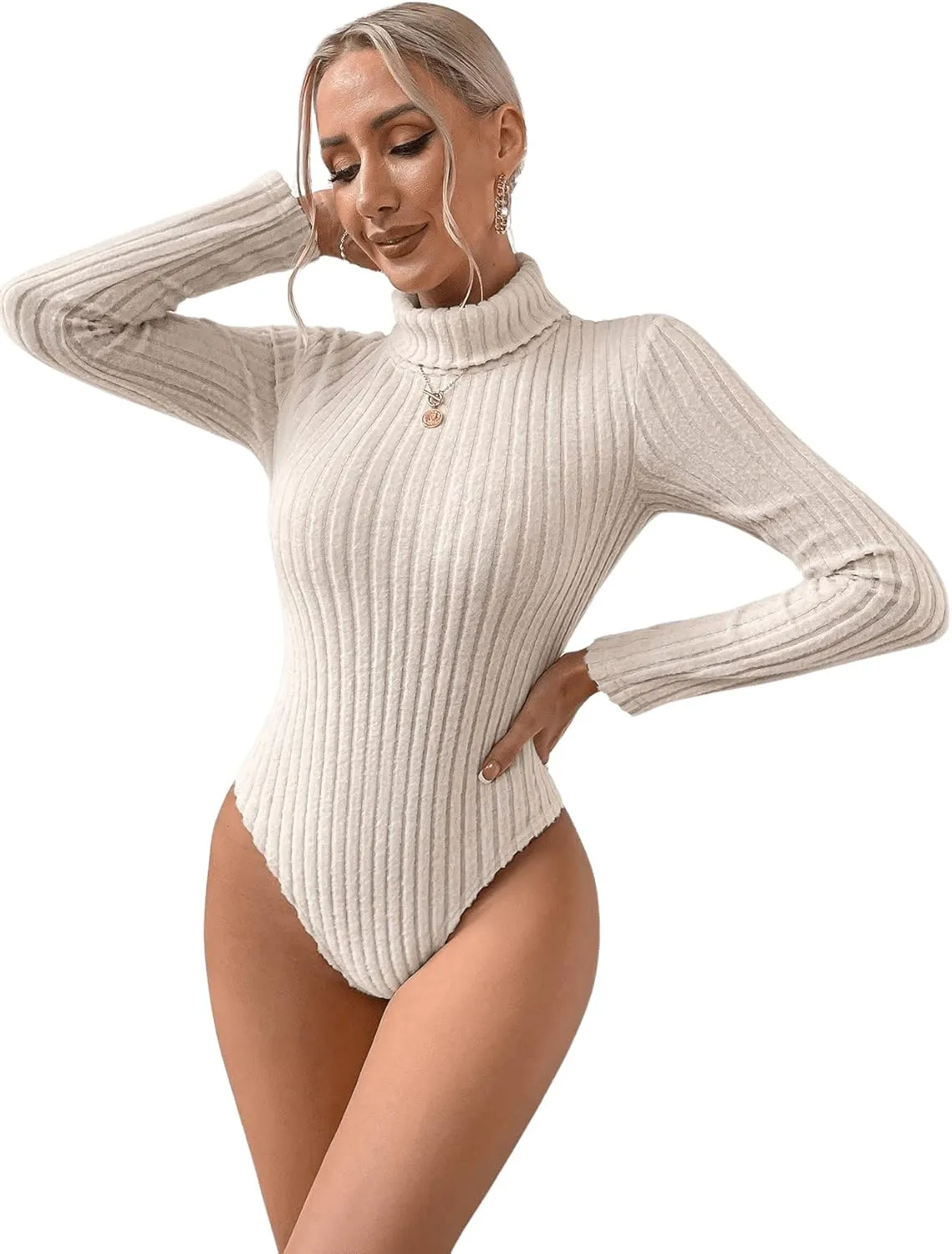 SOLY HUX Women's Bodysuit Turtleneck Long Sleeve Solid Bodysuit T Shirt Tops