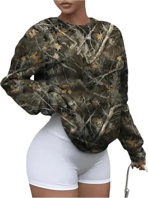 SOLY HUX Women's Camo Graphic Crewneck Sweatshirt Long Sleeve Y2K Vintage Pullover Streetwear Tops