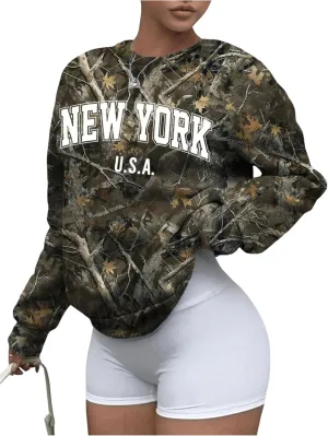 SOLY HUX Women's Camo Graphic Crewneck Sweatshirt Long Sleeve Y2K Vintage Pullover Streetwear Tops
