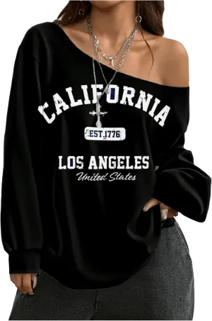 SOLY HUX Women's Off Shoulder Letter Graphic Sweatshirts Long Sleeve Baggy Pullover Streetwear