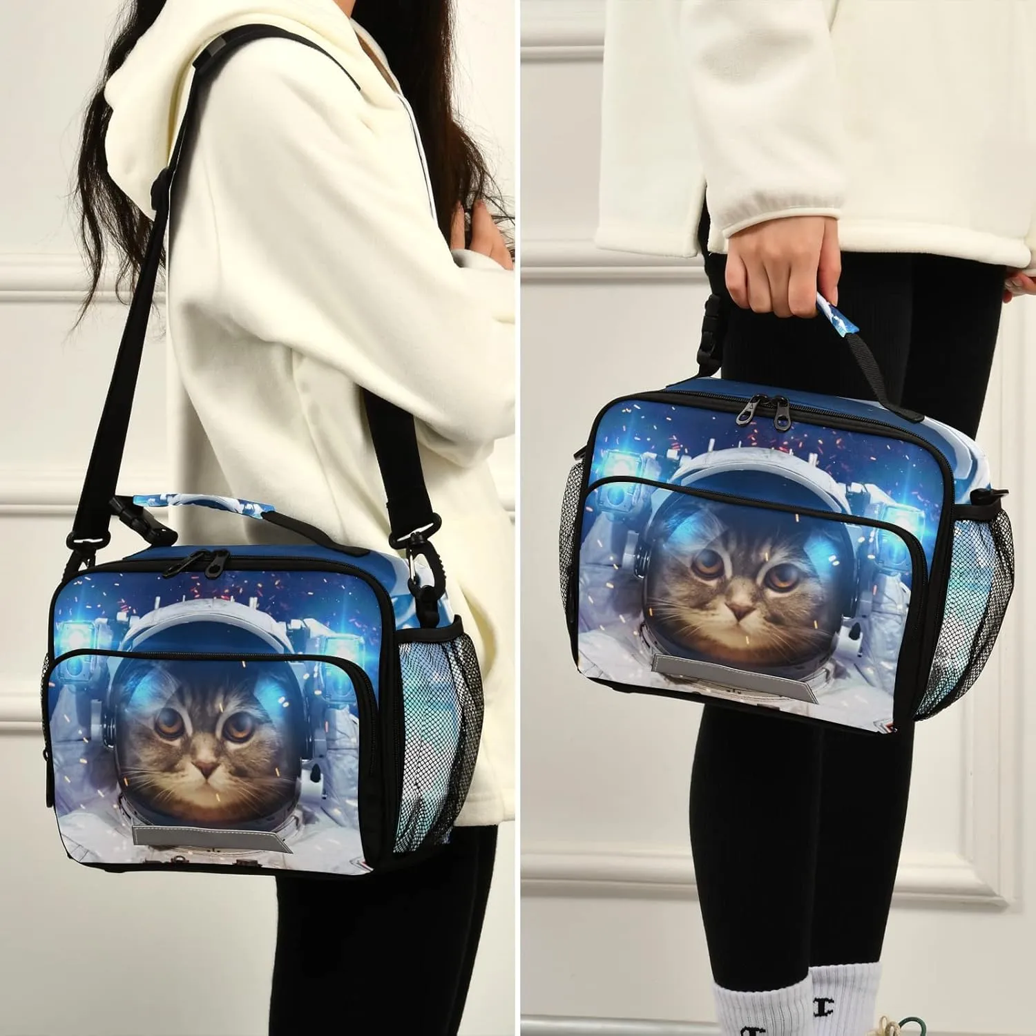 Space Cat Astronaut Lunch Box Insulated Lunch Bag Boys Cooler Tote Kids Girls Shoulder Strap Reusable for School Picnic Travel Office