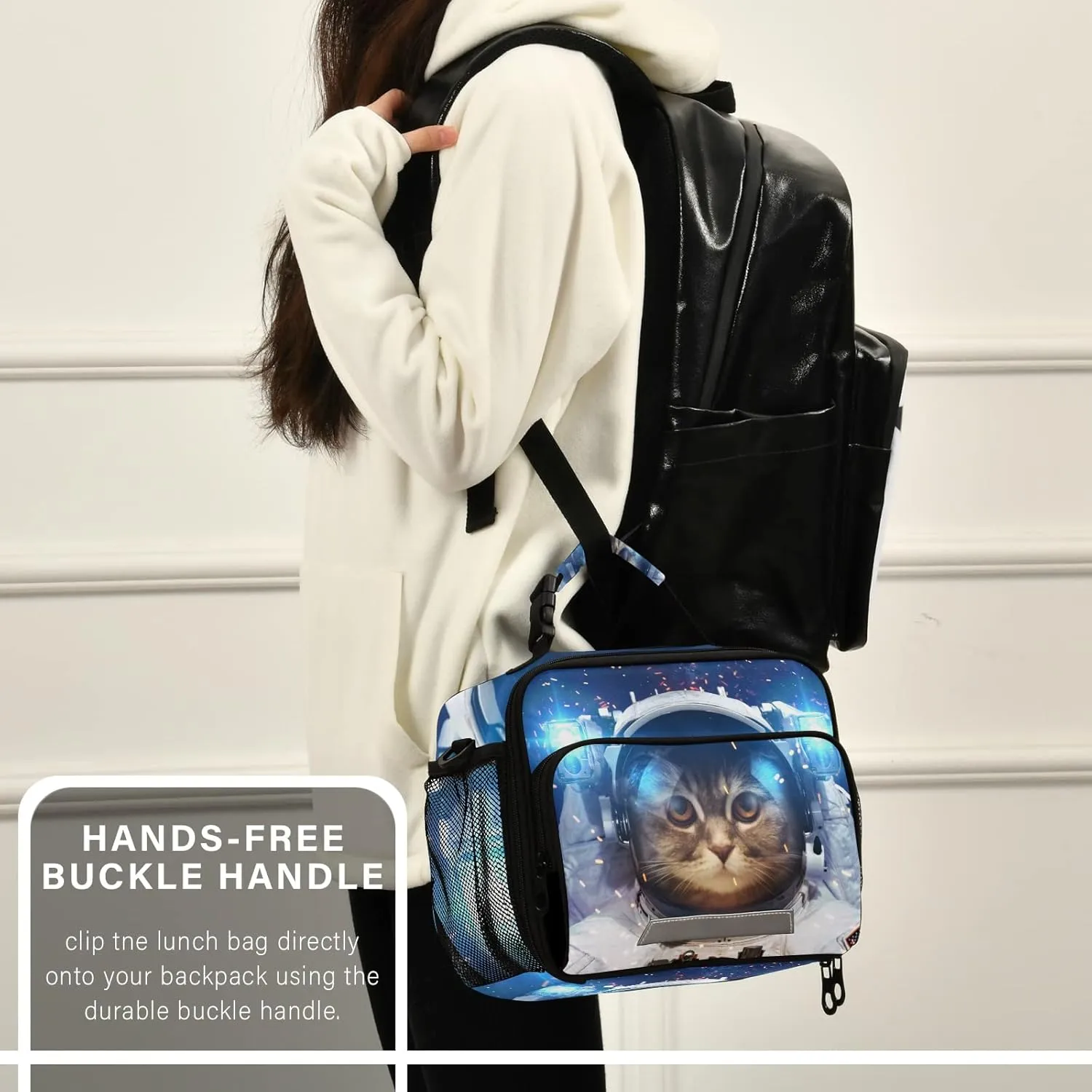Space Cat Astronaut Lunch Box Insulated Lunch Bag Boys Cooler Tote Kids Girls Shoulder Strap Reusable for School Picnic Travel Office