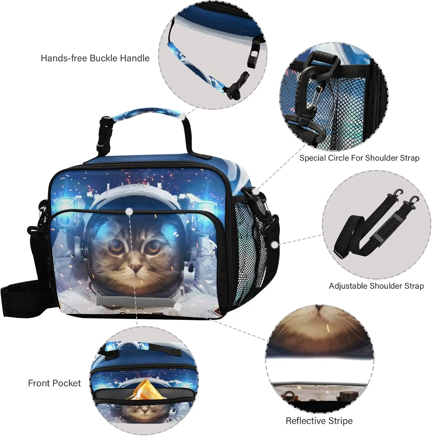 Space Cat Astronaut Lunch Box Insulated Lunch Bag Boys Cooler Tote Kids Girls Shoulder Strap Reusable for School Picnic Travel Office