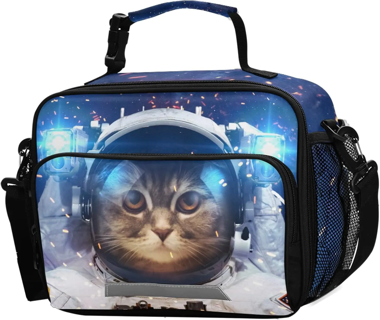 Space Cat Astronaut Lunch Box Insulated Lunch Bag Boys Cooler Tote Kids Girls Shoulder Strap Reusable for School Picnic Travel Office
