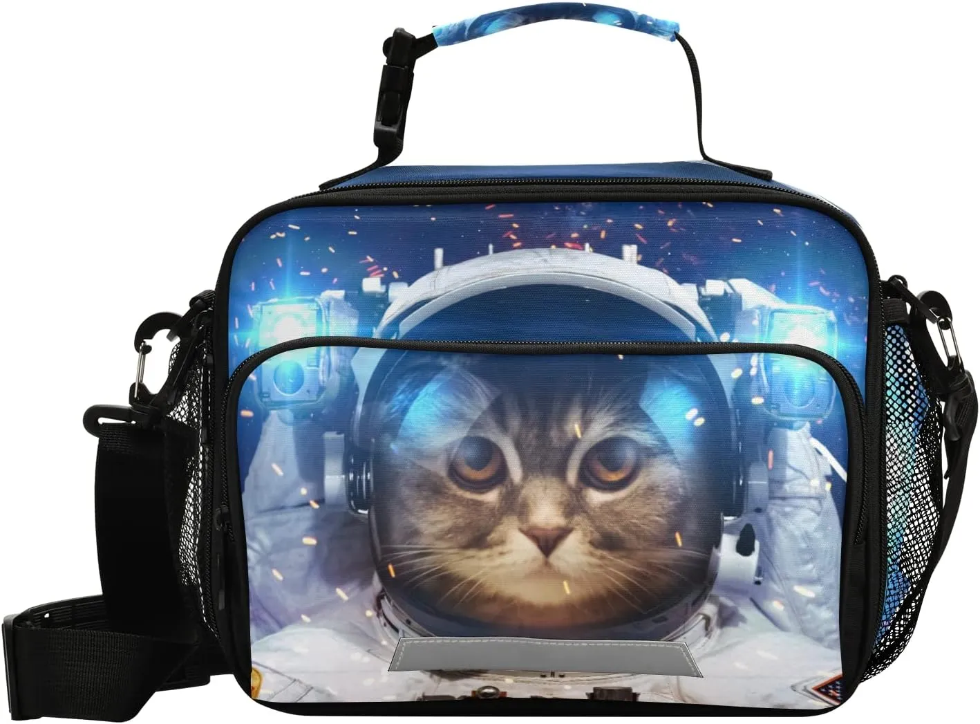 Space Cat Astronaut Lunch Box Insulated Lunch Bag Boys Cooler Tote Kids Girls Shoulder Strap Reusable for School Picnic Travel Office