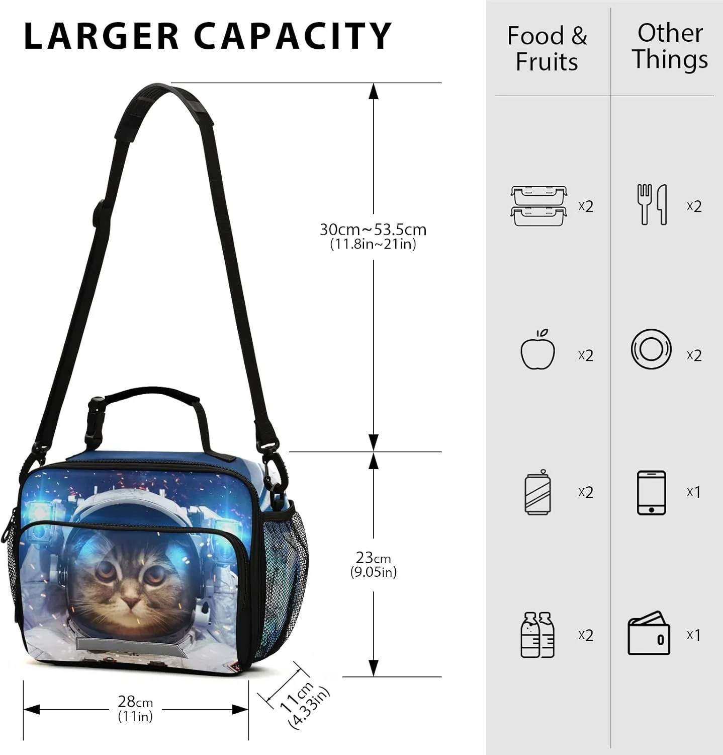 Space Cat Astronaut Lunch Box Insulated Lunch Bag Boys Cooler Tote Kids Girls Shoulder Strap Reusable for School Picnic Travel Office