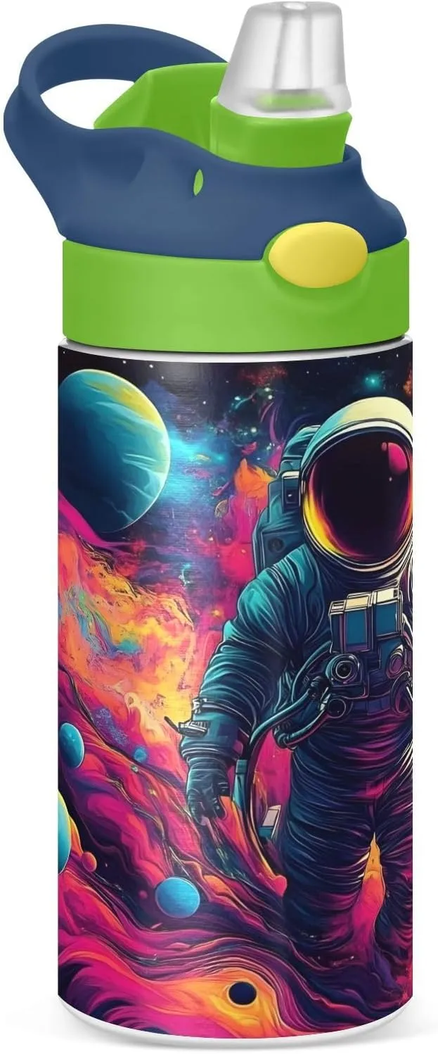 Space Galaxy Astronaut Kids Water Bottle with Straw Lid Insulated Tumbler with Handle Stainless Steel Reusable Toddlers Cup for Kids Boys 12 oz