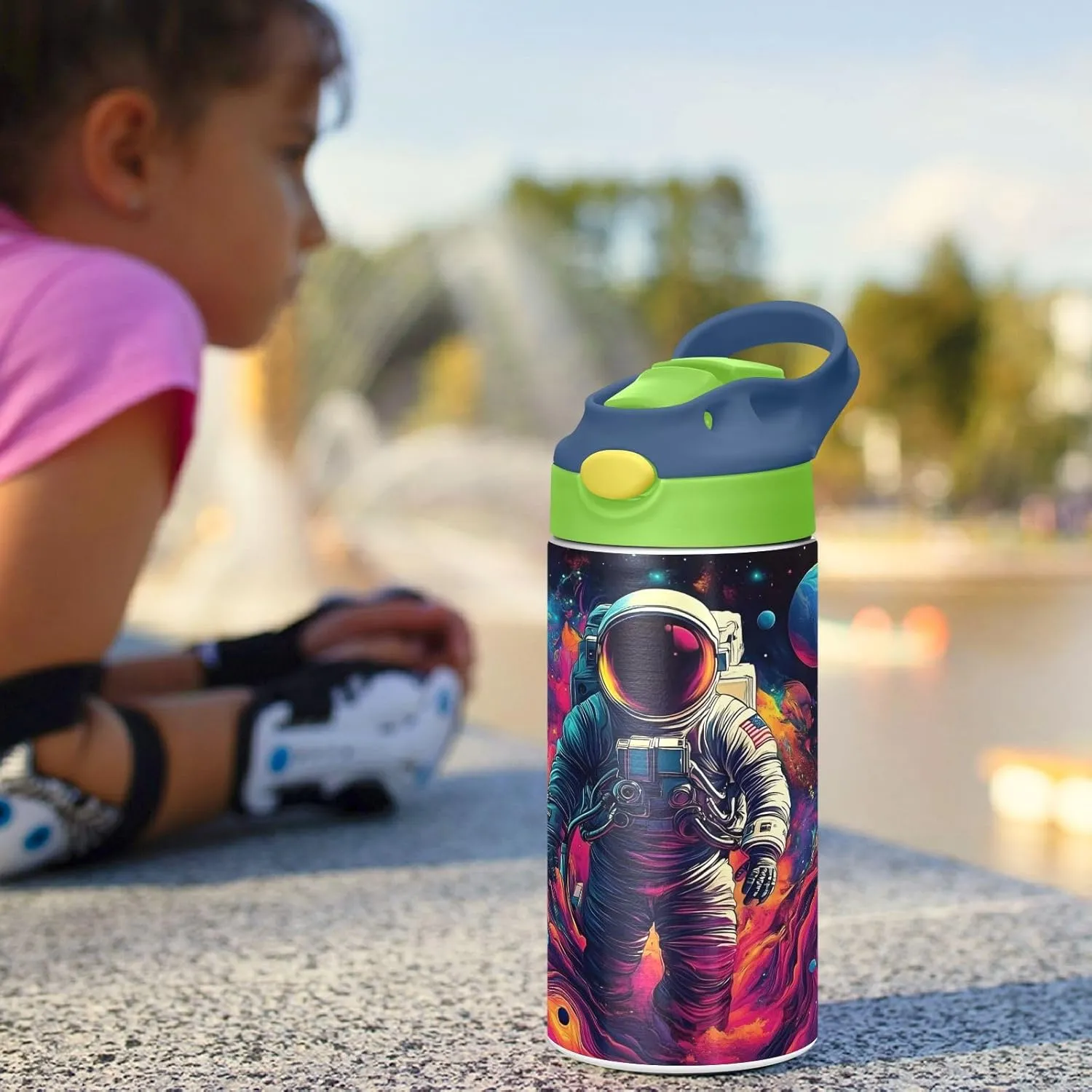 Space Galaxy Astronaut Kids Water Bottle with Straw Lid Insulated Tumbler with Handle Stainless Steel Reusable Toddlers Cup for Kids Boys 12 oz