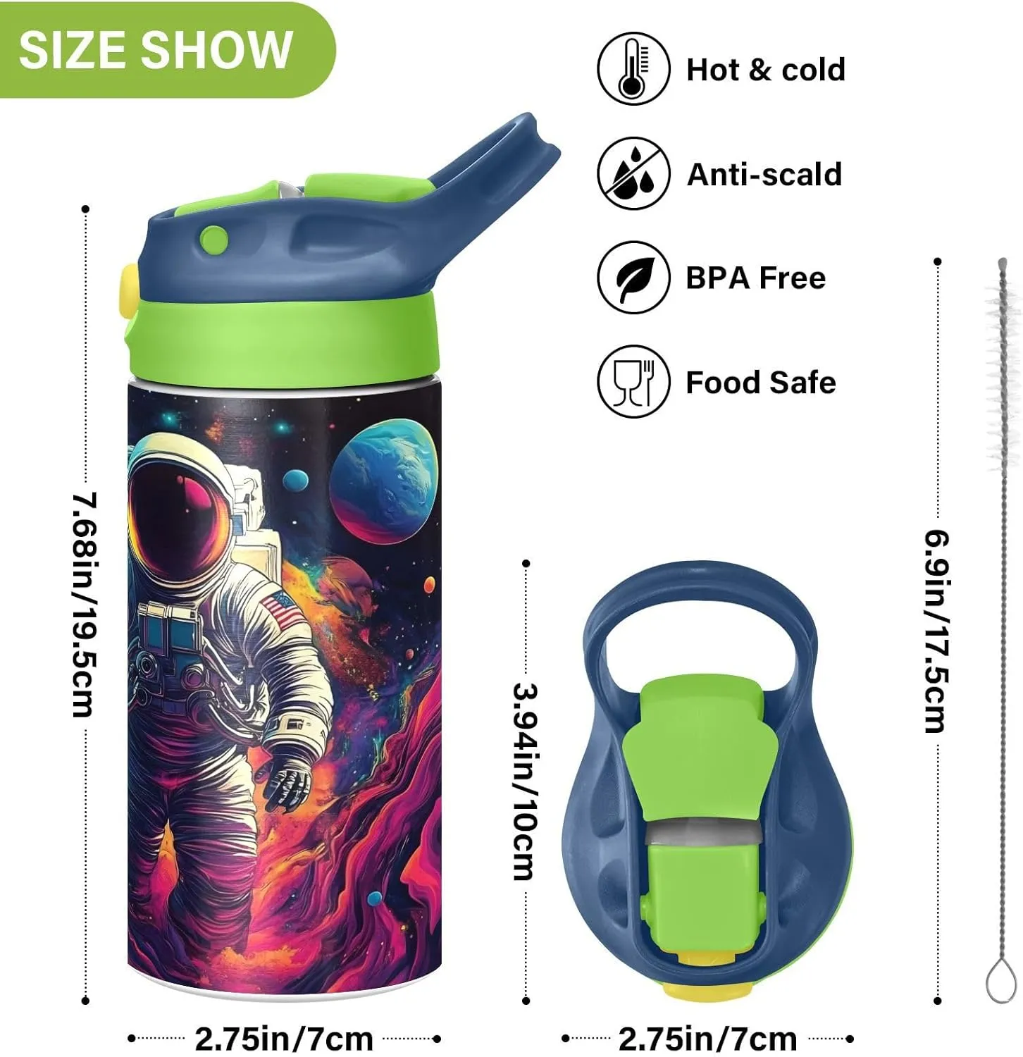 Space Galaxy Astronaut Kids Water Bottle with Straw Lid Insulated Tumbler with Handle Stainless Steel Reusable Toddlers Cup for Kids Boys 12 oz
