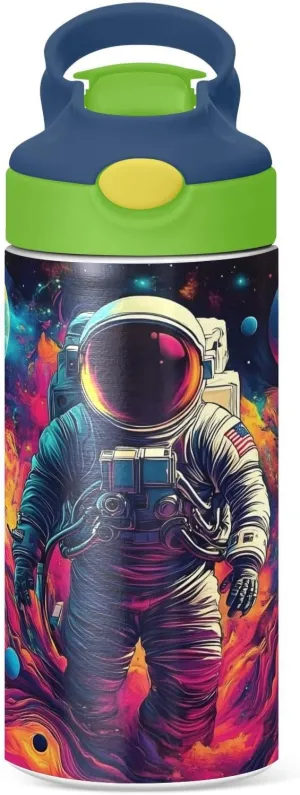 Space Galaxy Astronaut Kids Water Bottle with Straw Lid Insulated Tumbler with Handle Stainless Steel Reusable Toddlers Cup for Kids Boys 12 oz
