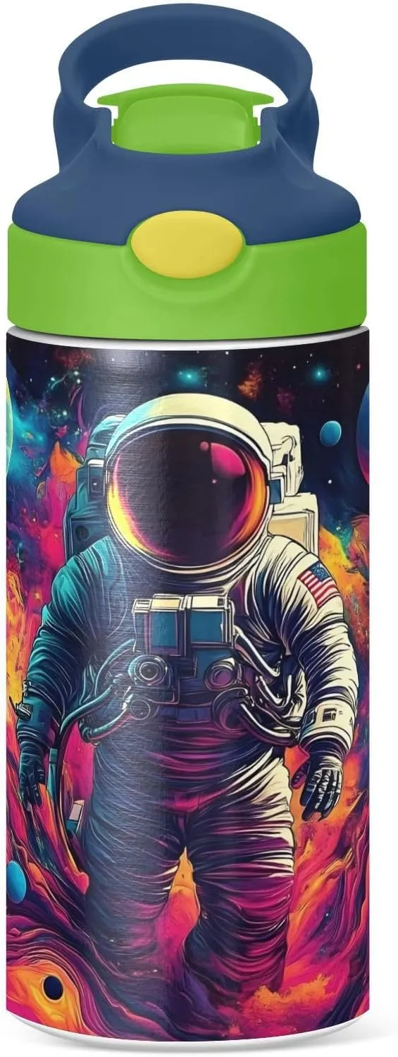 Space Galaxy Astronaut Kids Water Bottle with Straw Lid Insulated Tumbler with Handle Stainless Steel Reusable Toddlers Cup for Kids Boys 12 oz