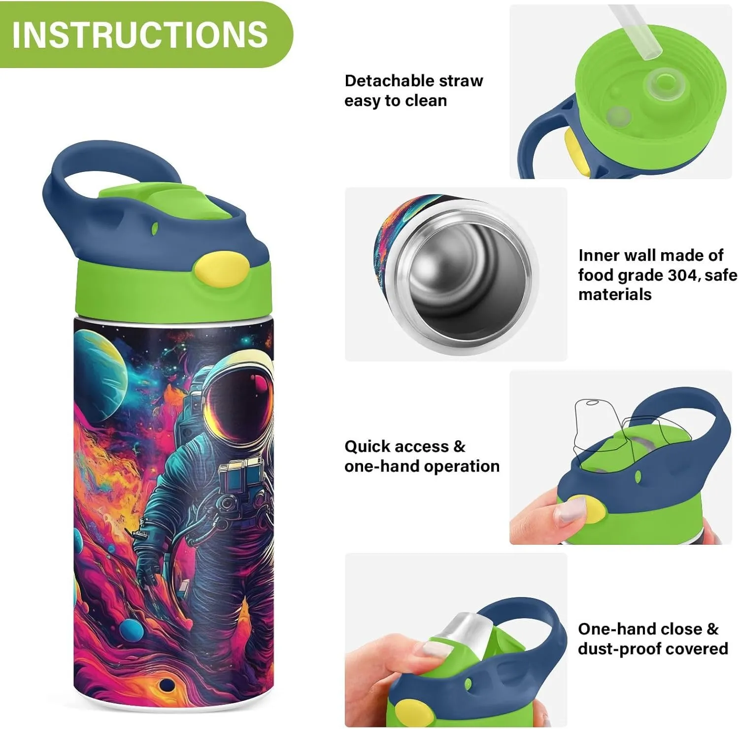 Space Galaxy Astronaut Kids Water Bottle with Straw Lid Insulated Tumbler with Handle Stainless Steel Reusable Toddlers Cup for Kids Boys 12 oz