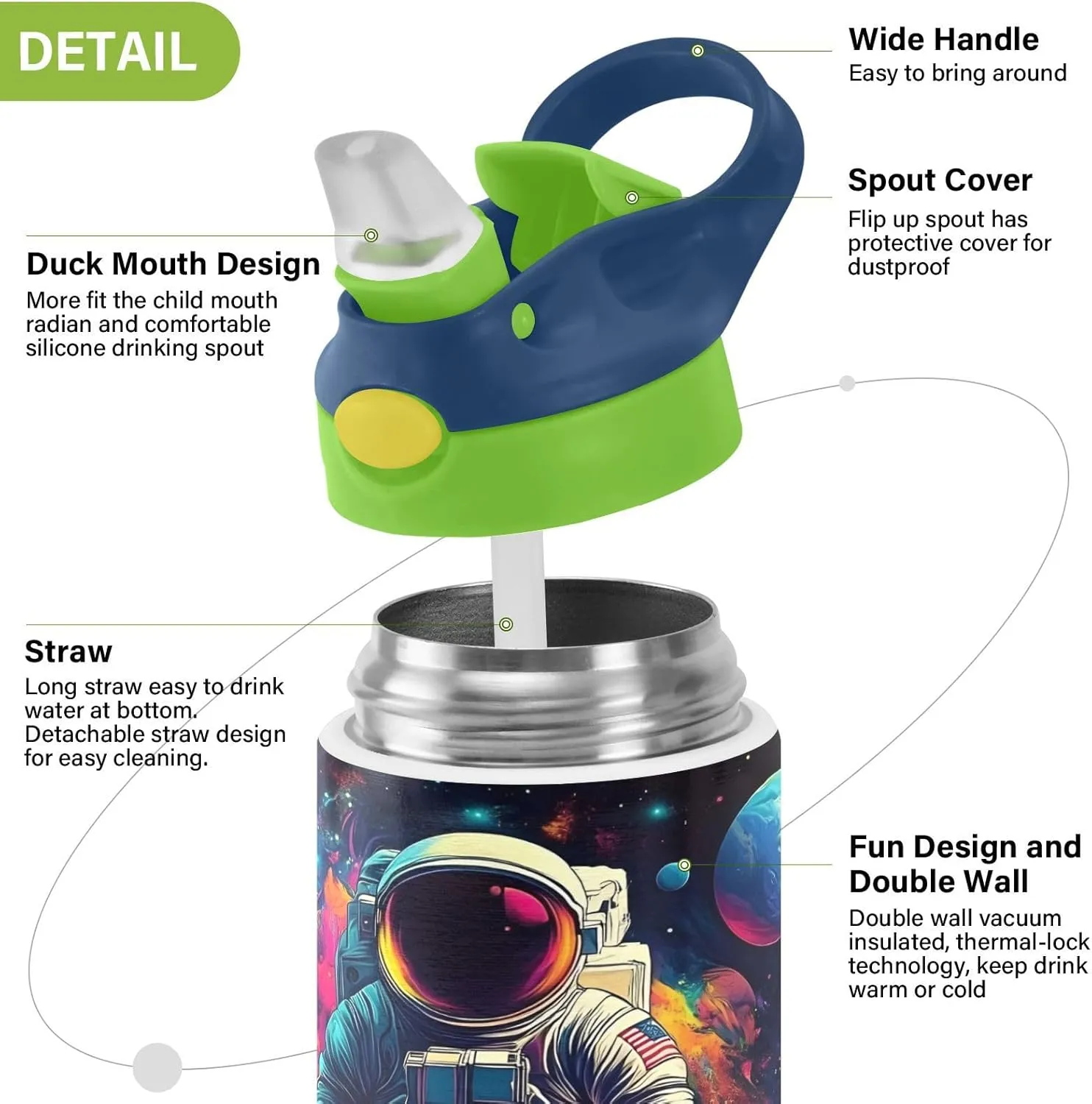Space Galaxy Astronaut Kids Water Bottle with Straw Lid Insulated Tumbler with Handle Stainless Steel Reusable Toddlers Cup for Kids Boys 12 oz