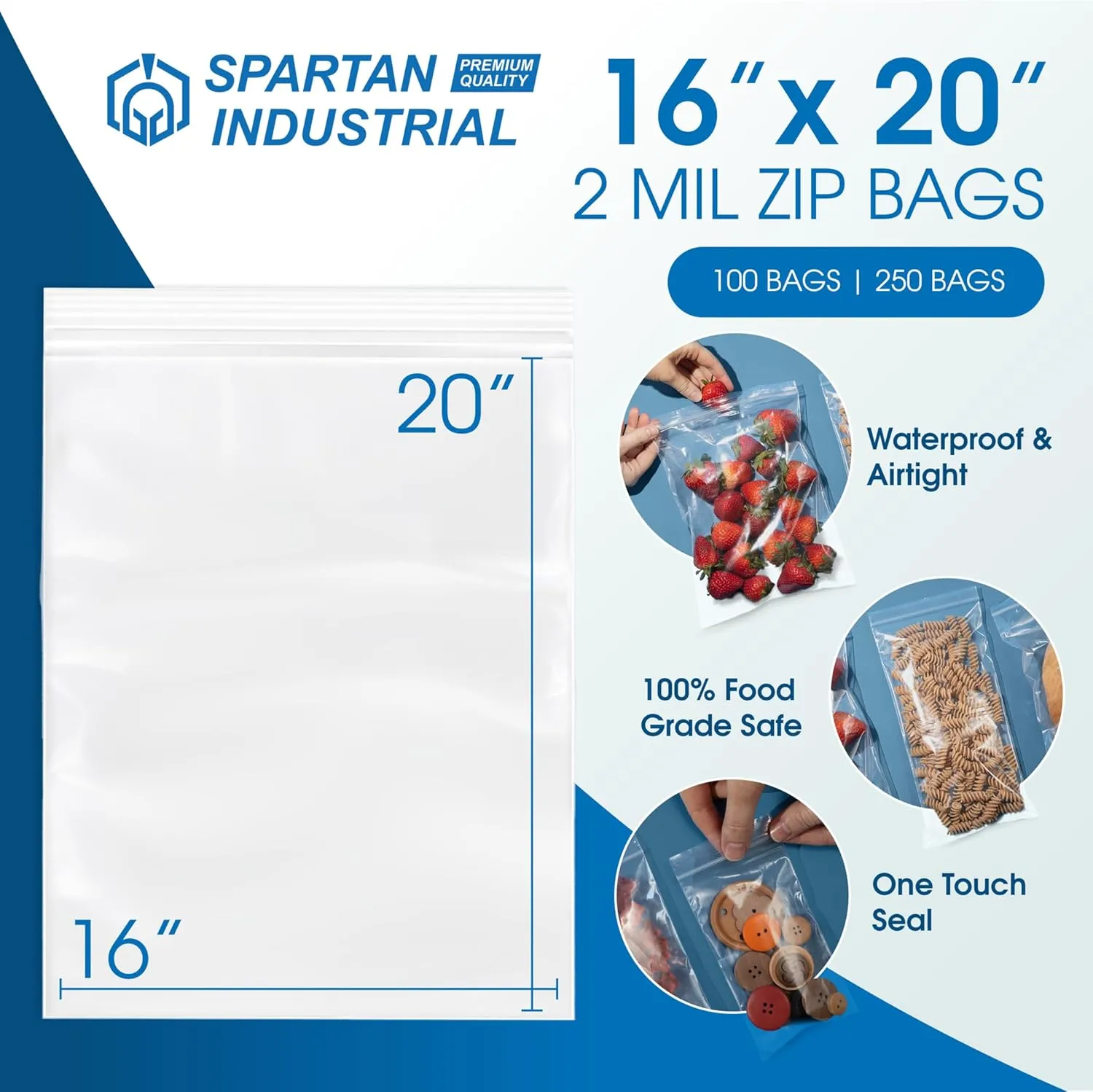 Spartan Industrial - 16” X 20” (100 Count) 2 Mil Clear Reclosable Zip Plastic Poly Bags with Resealable Lock Seal Zipper