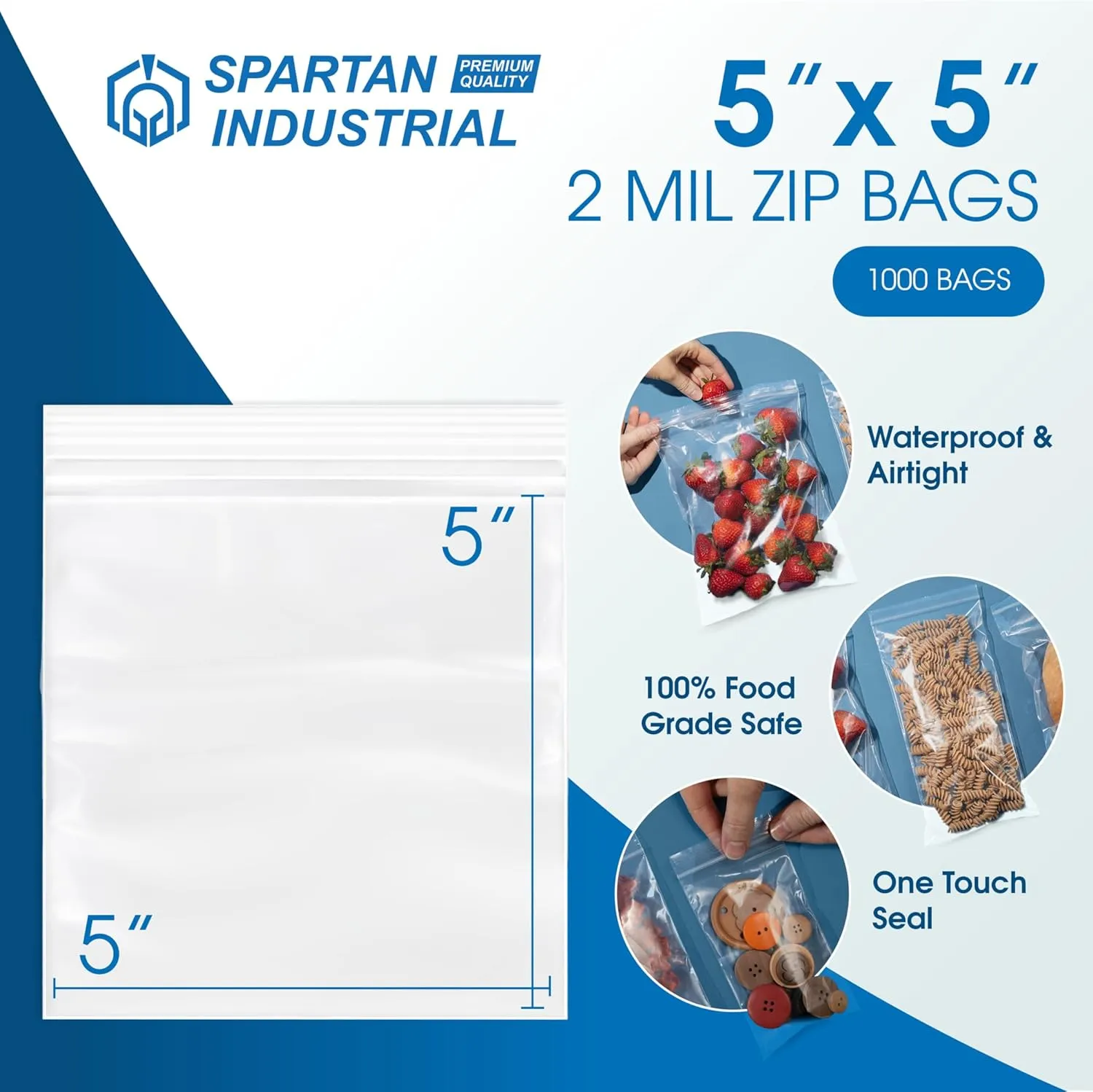 Spartan Industrial - 5” X 5” (1000 Count) 2 Mil Clear Reclosable Zip Plastic Poly Bags with Resealable Lock Seal Zipper