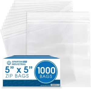 Spartan Industrial - 5” X 5” (1000 Count) 2 Mil Clear Reclosable Zip Plastic Poly Bags with Resealable Lock Seal Zipper