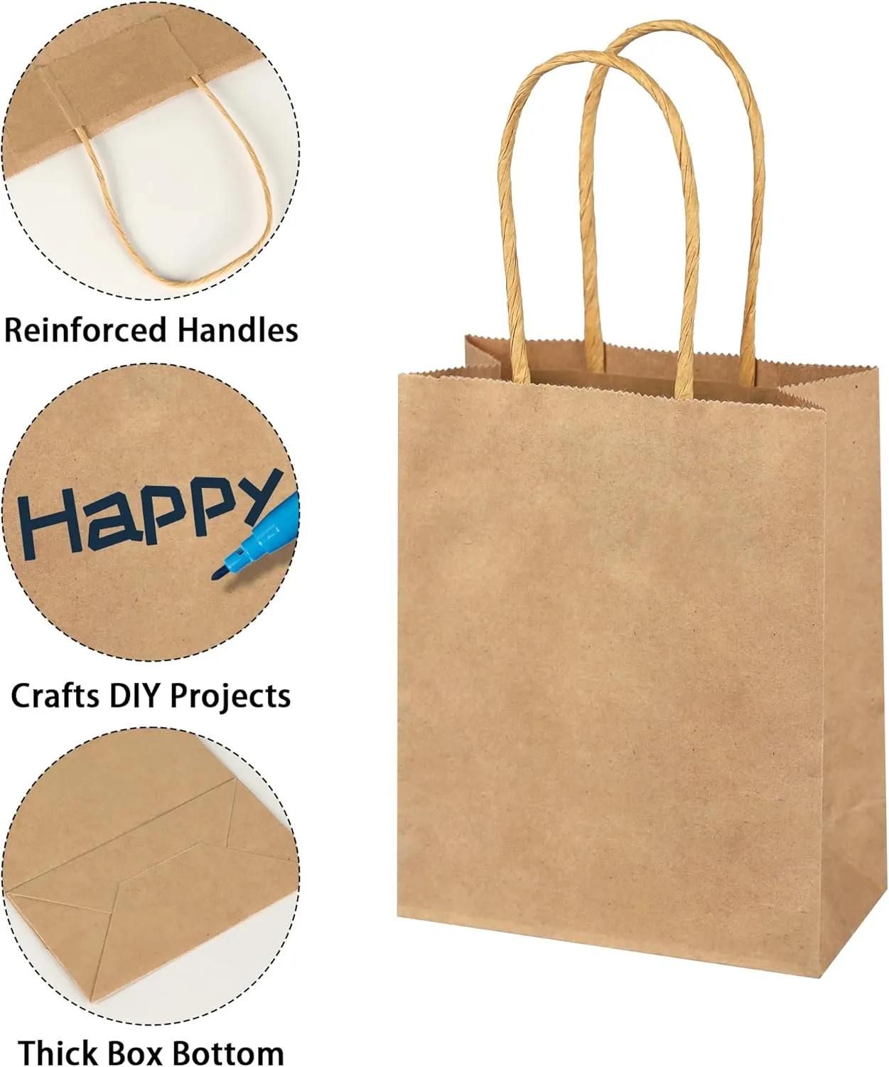 SPERPAND 200Pcs Mini Brown Paper Bags - 6.5" Paper Gift Bag Small Size for Birthday, Baby Shower, Christmas, Wedding, Party Favor Bags