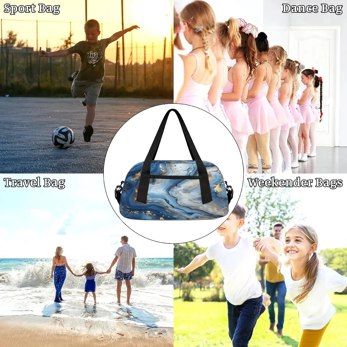 Sport Duffel Bag Blue Marble Print Kids Gym Bag Weekender Overnight Bags for Boys Girls Teens Carry On Workout Travel Bag