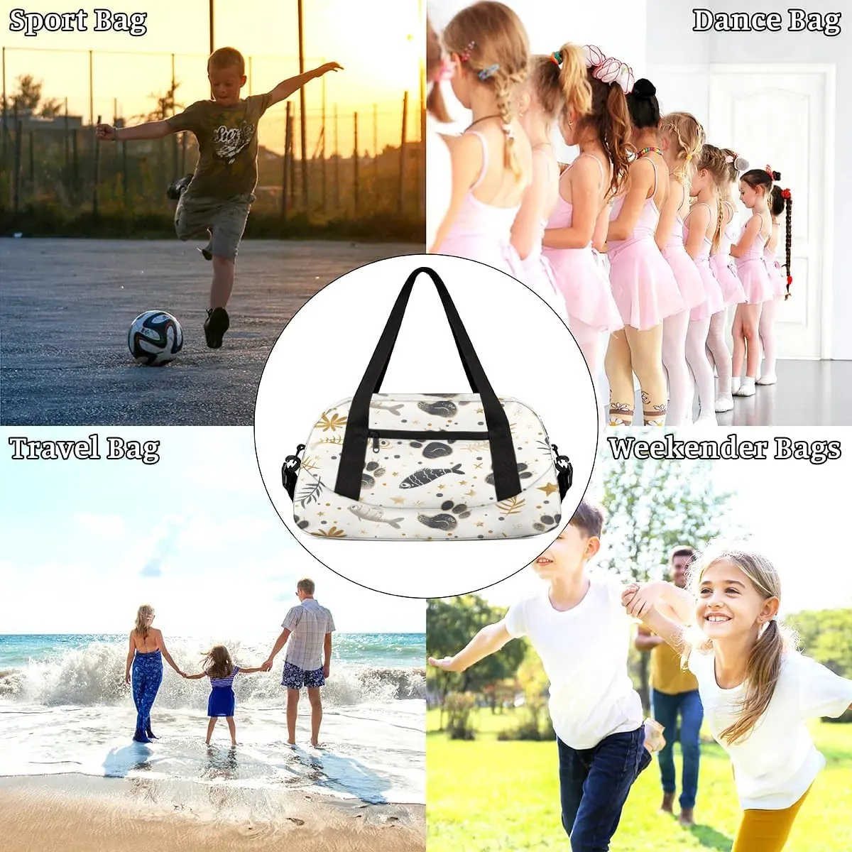 Sport Duffel Bag Cat Paw Print Fish Kids Gym Bag Weekender Overnight Bags for Boys Girls Teens Carry On Workout Travel Bag