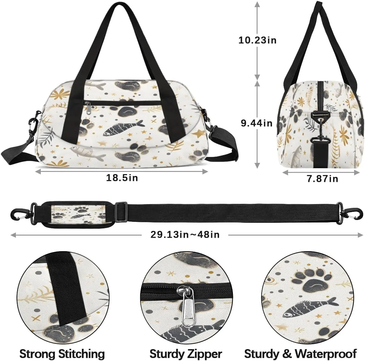 Sport Duffel Bag Cat Paw Print Fish Kids Gym Bag Weekender Overnight Bags for Boys Girls Teens Carry On Workout Travel Bag
