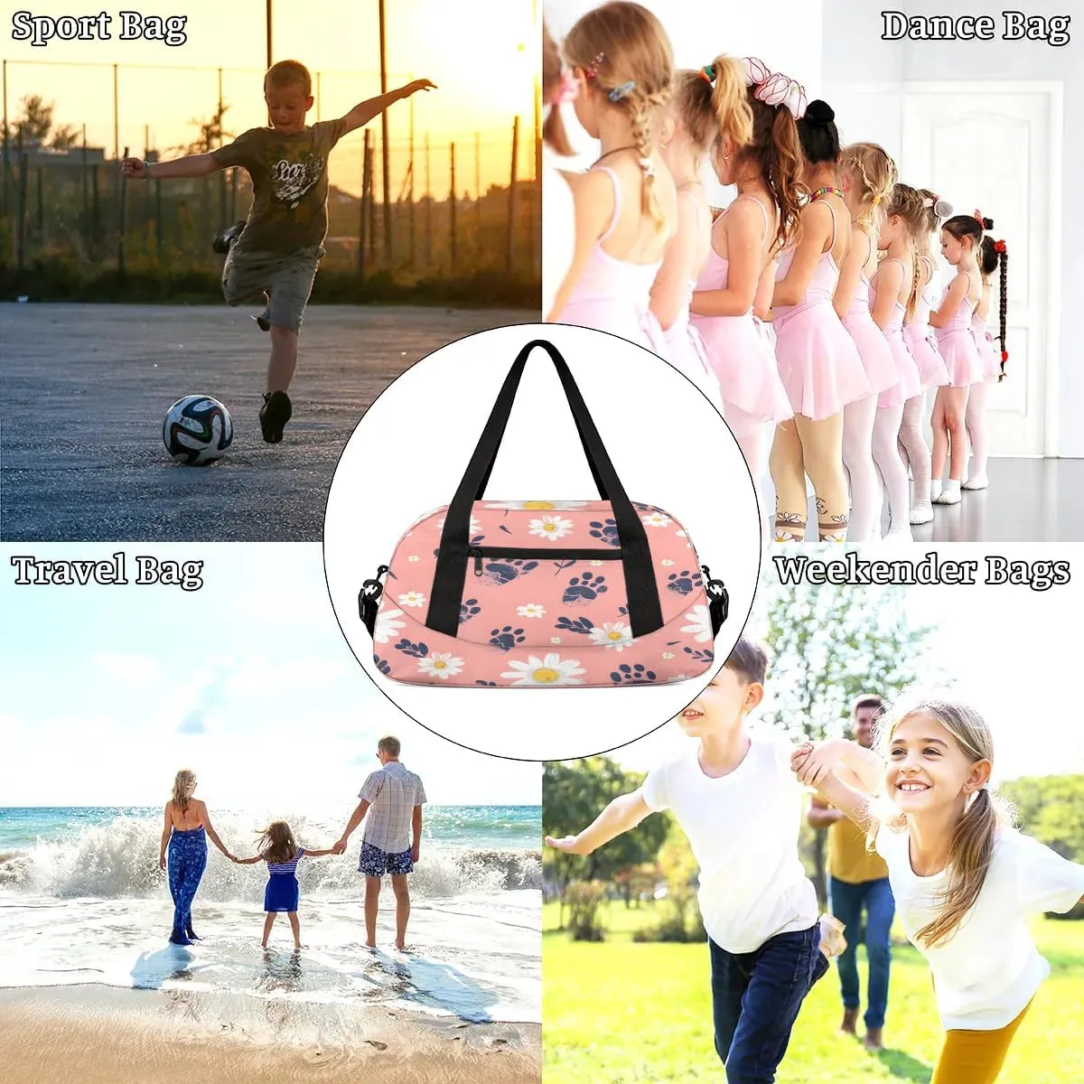 Sport Duffel Bag Daisy Animal Paw Print Kids Gym Bag Weekender Overnight Bags for Boys Girls Teens Carry On Workout Travel Bag