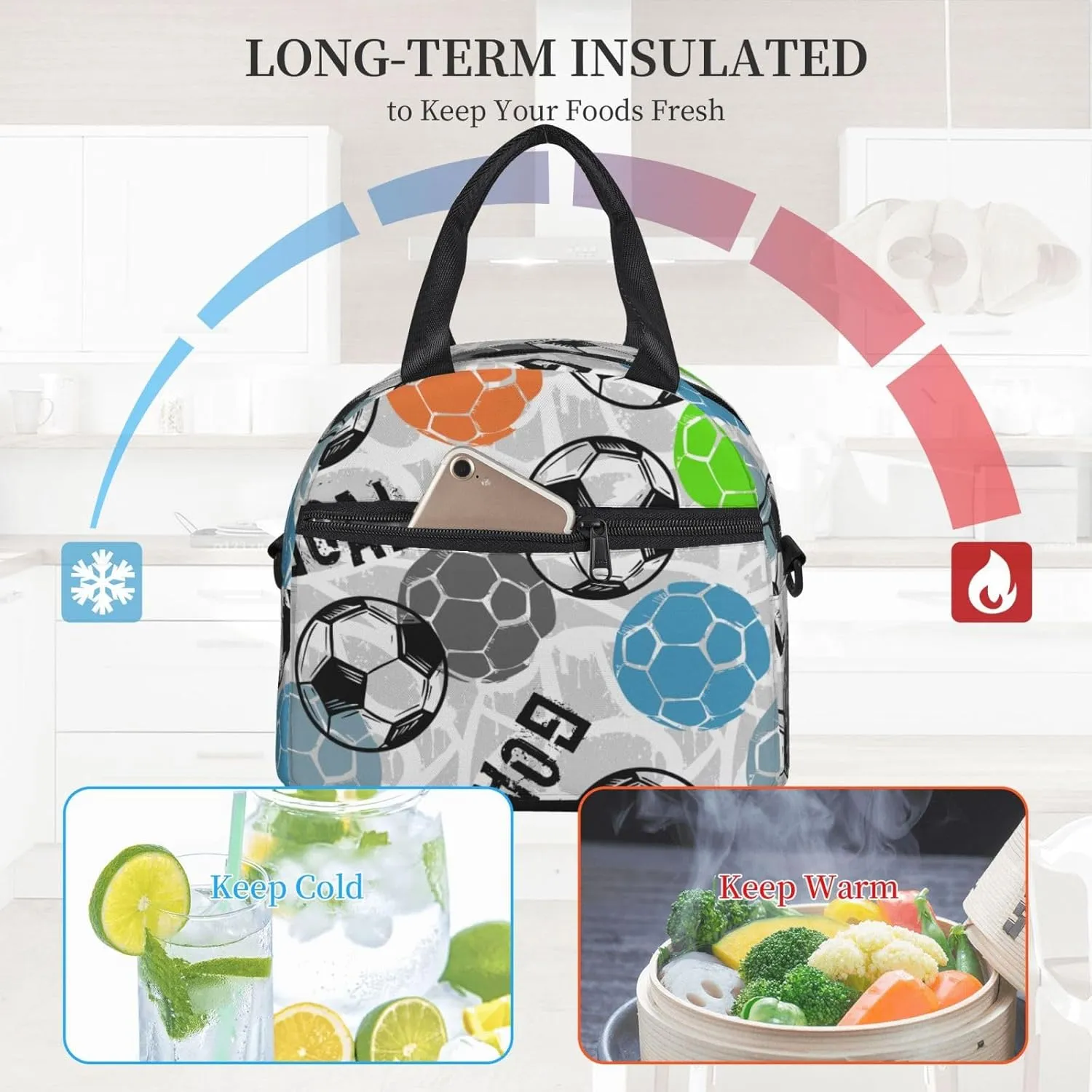 Sport Football Lunch Bag Soccer Ball Reusable Insulated Lunch Tote Bag Lunchbox Container With Adjustable Shoulder Strap For Office Work Picnic Travel