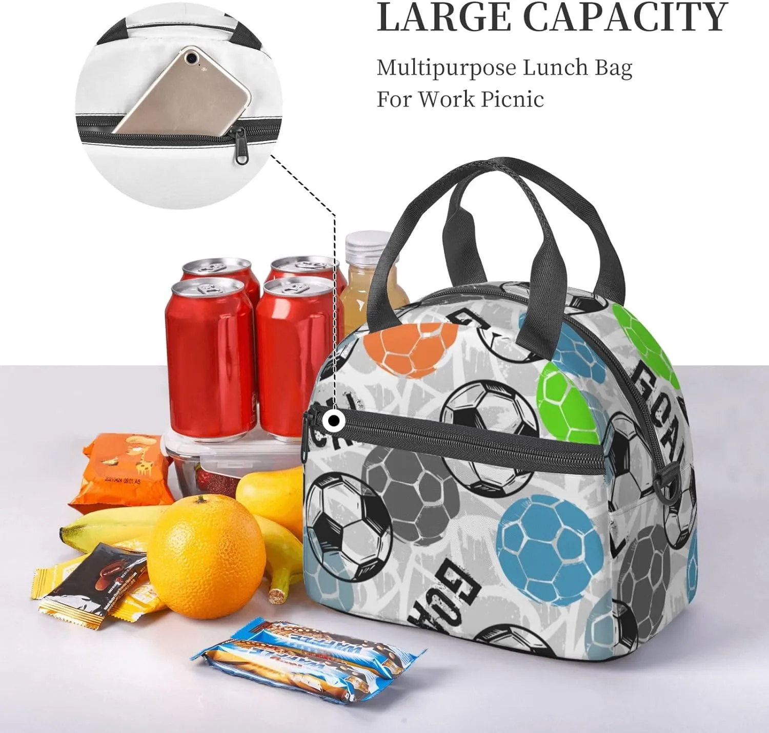 Sport Football Lunch Bag Soccer Ball Reusable Insulated Lunch Tote Bag Lunchbox Container With Adjustable Shoulder Strap For Office Work Picnic Travel