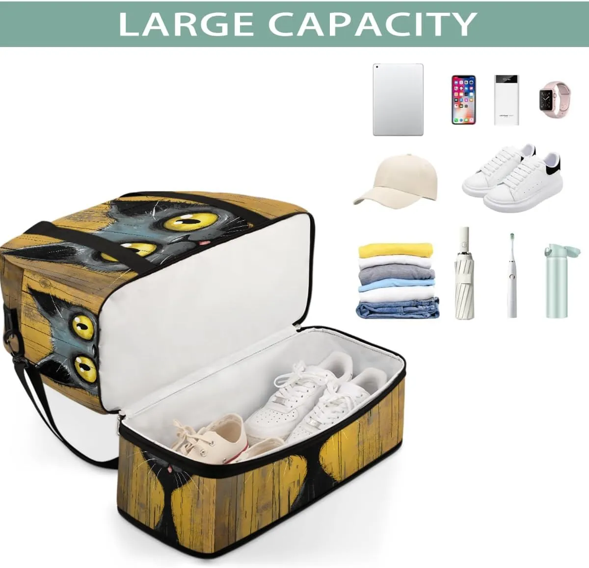Sports Gym Bag Animal Cat Cool Large Travel Duffel Bag With Shoe Compartment Foldable Waterproof Carry-On Weekend Travel Bags for Camping Overnight Yoga Hospital Travel Bags