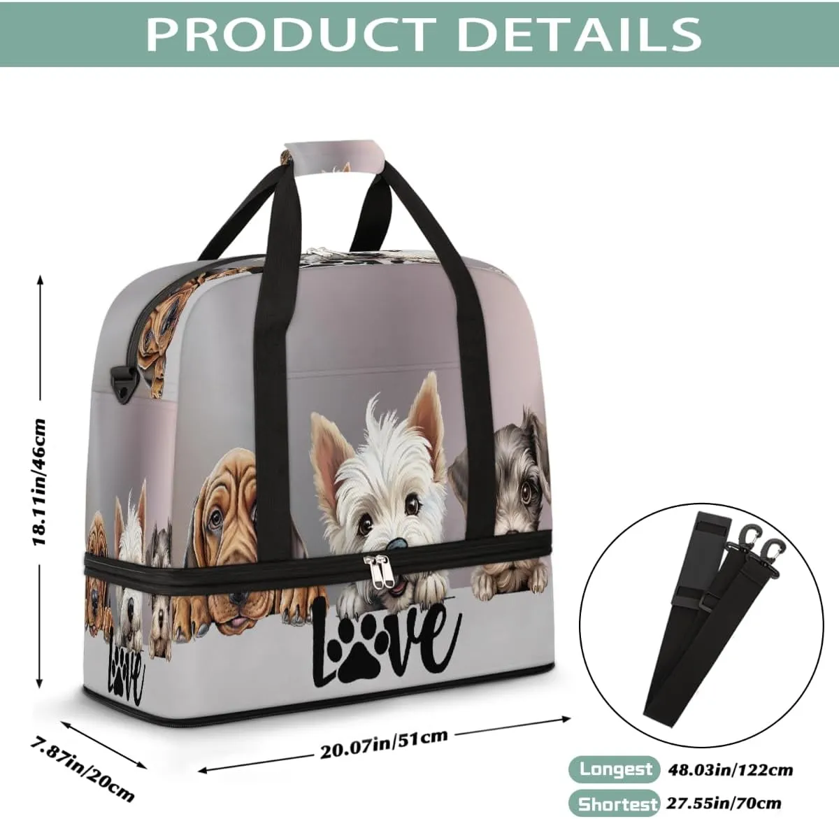 Sports Gym Bag Animal Dog Large Travel Duffel Bag With Shoe Compartment Foldable Waterproof Carry-On Weekend Travel Bags for Camping Overnight Yoga Hospital Travel Bags