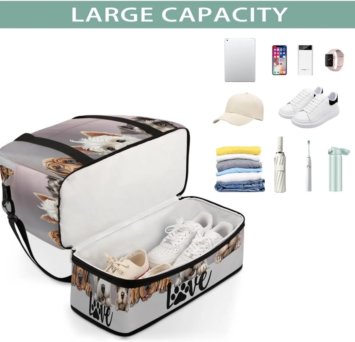 Sports Gym Bag Animal Dog Large Travel Duffel Bag With Shoe Compartment Foldable Waterproof Carry-On Weekend Travel Bags for Camping Overnight Yoga Hospital Travel Bags