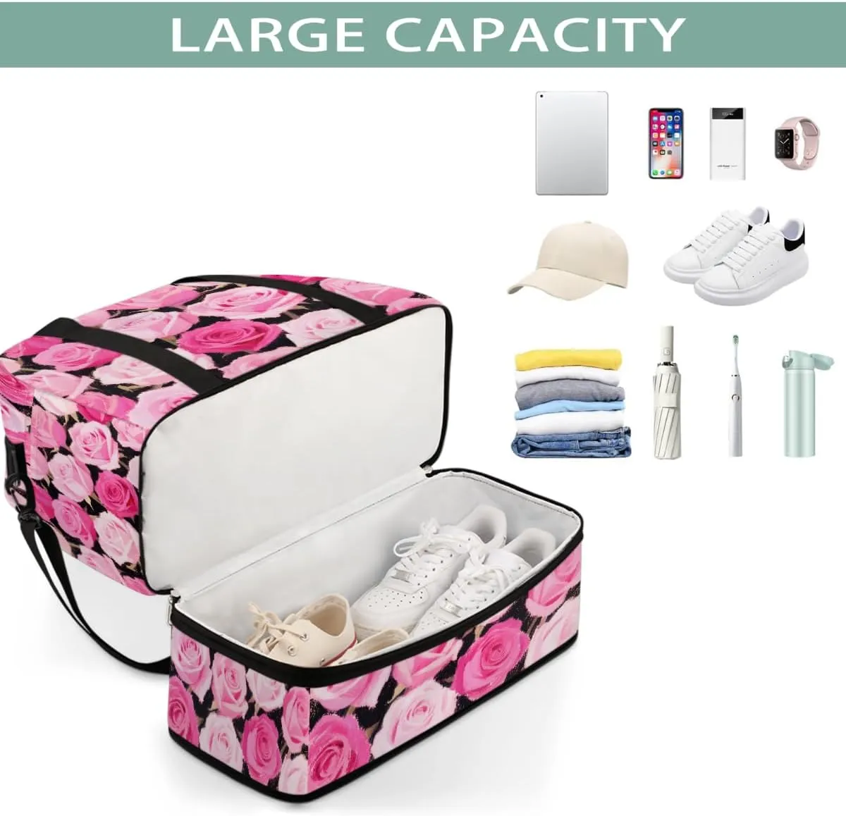 Sports Gym Bag Chalk Drawing Rose Flower Large Travel Duffel Bag With Shoe Compartment Foldable Waterproof Carry-On Weekend Travel Bags for Camping Overnight Yoga Hospital Travel Bags