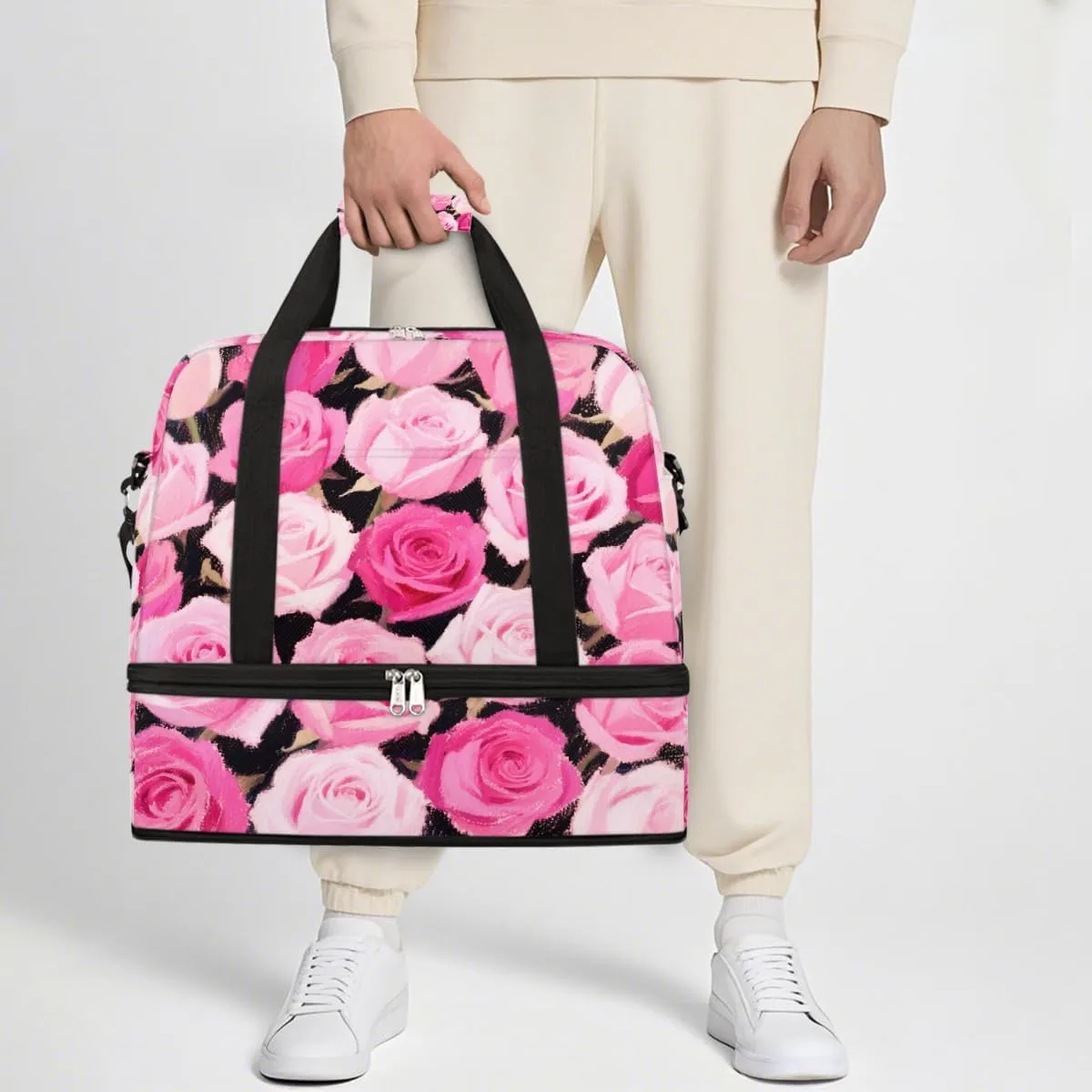 Sports Gym Bag Chalk Drawing Rose Flower Large Travel Duffel Bag With Shoe Compartment Foldable Waterproof Carry-On Weekend Travel Bags for Camping Overnight Yoga Hospital Travel Bags