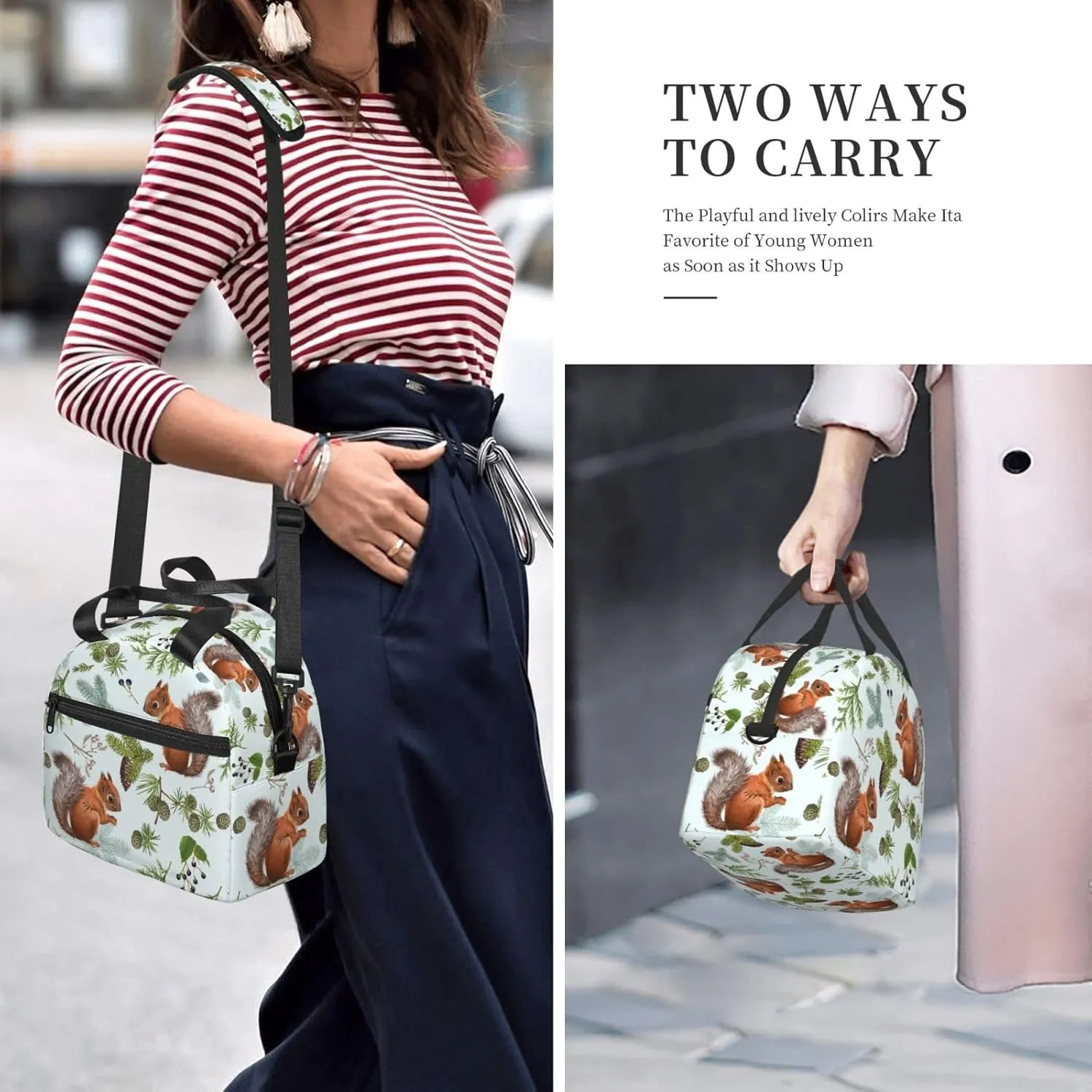 Squirrels Pine Cone Lunch Bag with Adjustable Shoulder Strap for Women Men Reusable Lunch Box Leakproof Tote Bags Insulated Cooler for Work Travel Outdoor(9 x 5 x 7.8 Inches)