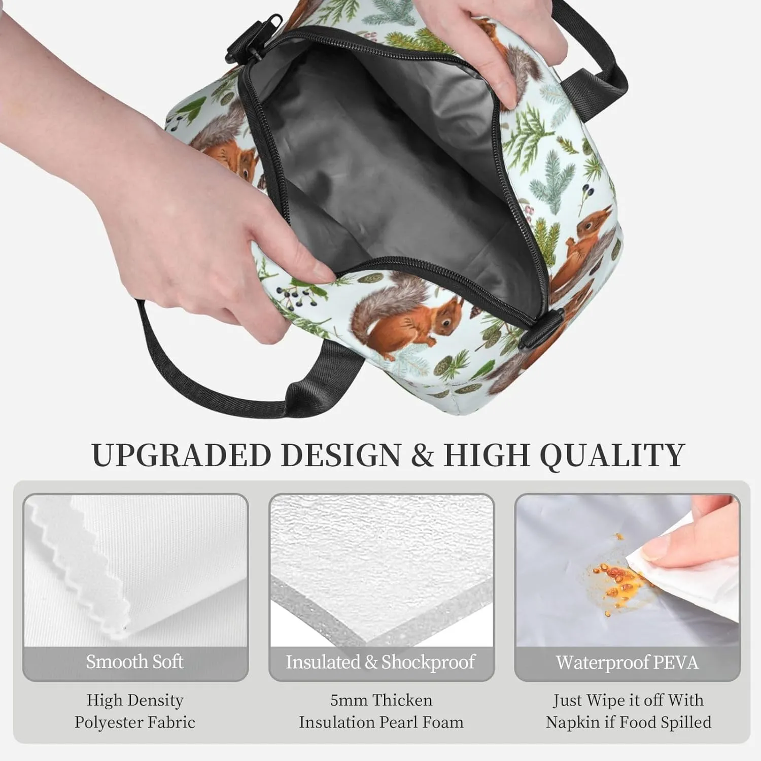 Squirrels Pine Cone Lunch Bag with Adjustable Shoulder Strap for Women Men Reusable Lunch Box Leakproof Tote Bags Insulated Cooler for Work Travel Outdoor(9 x 5 x 7.8 Inches)