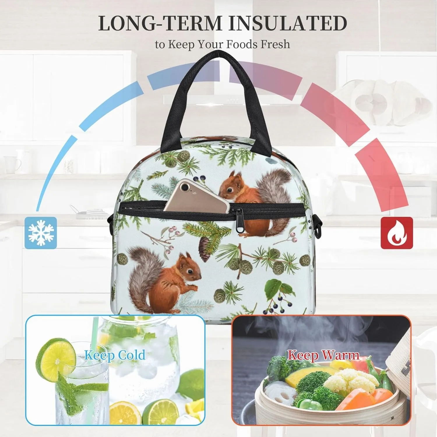 Squirrels Pine Cone Lunch Bag with Adjustable Shoulder Strap for Women Men Reusable Lunch Box Leakproof Tote Bags Insulated Cooler for Work Travel Outdoor(9 x 5 x 7.8 Inches)