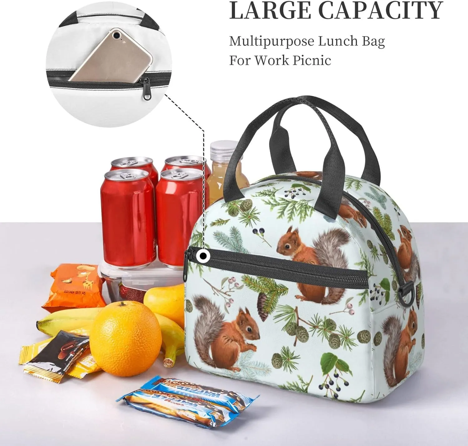 Squirrels Pine Cone Lunch Bag with Adjustable Shoulder Strap for Women Men Reusable Lunch Box Leakproof Tote Bags Insulated Cooler for Work Travel Outdoor(9 x 5 x 7.8 Inches)