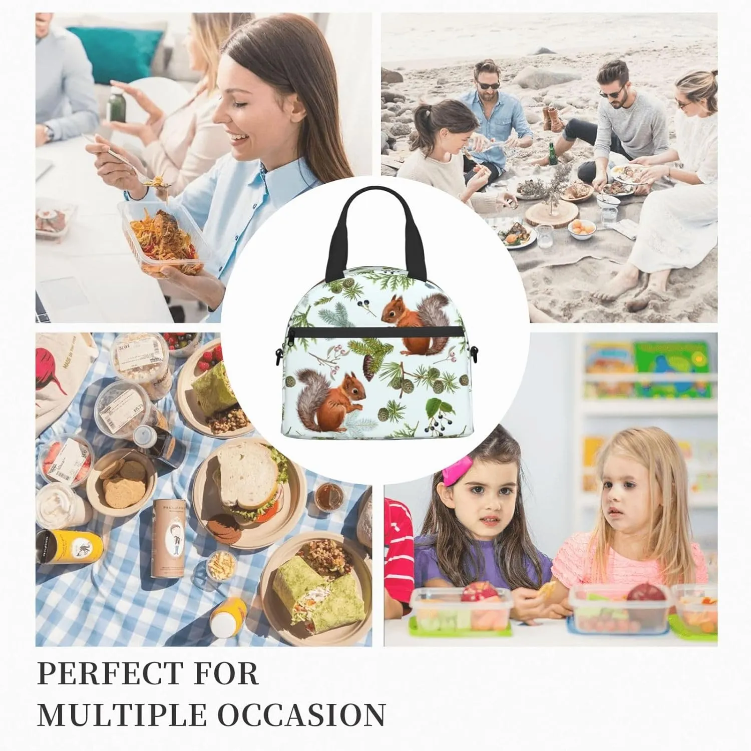 Squirrels Pine Cone Lunch Bag with Adjustable Shoulder Strap for Women Men Reusable Lunch Box Leakproof Tote Bags Insulated Cooler for Work Travel Outdoor(9 x 5 x 7.8 Inches)