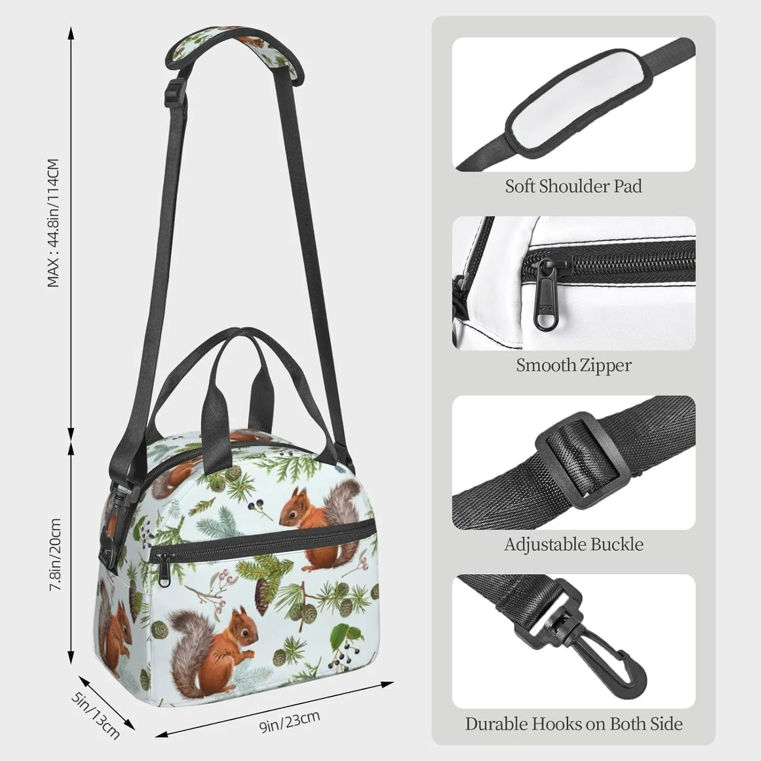 Squirrels Pine Cone Lunch Bag with Adjustable Shoulder Strap for Women Men Reusable Lunch Box Leakproof Tote Bags Insulated Cooler for Work Travel Outdoor(9 x 5 x 7.8 Inches)