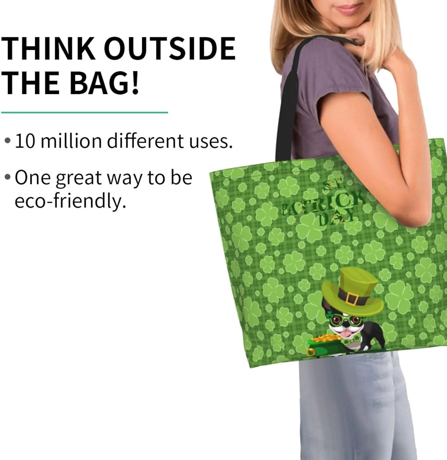 St. Patrick's Day Canvas Tote Bag Green Shamrock Shoulder Bag Clover Casual Grocery Bags Green Bags for Outdoor