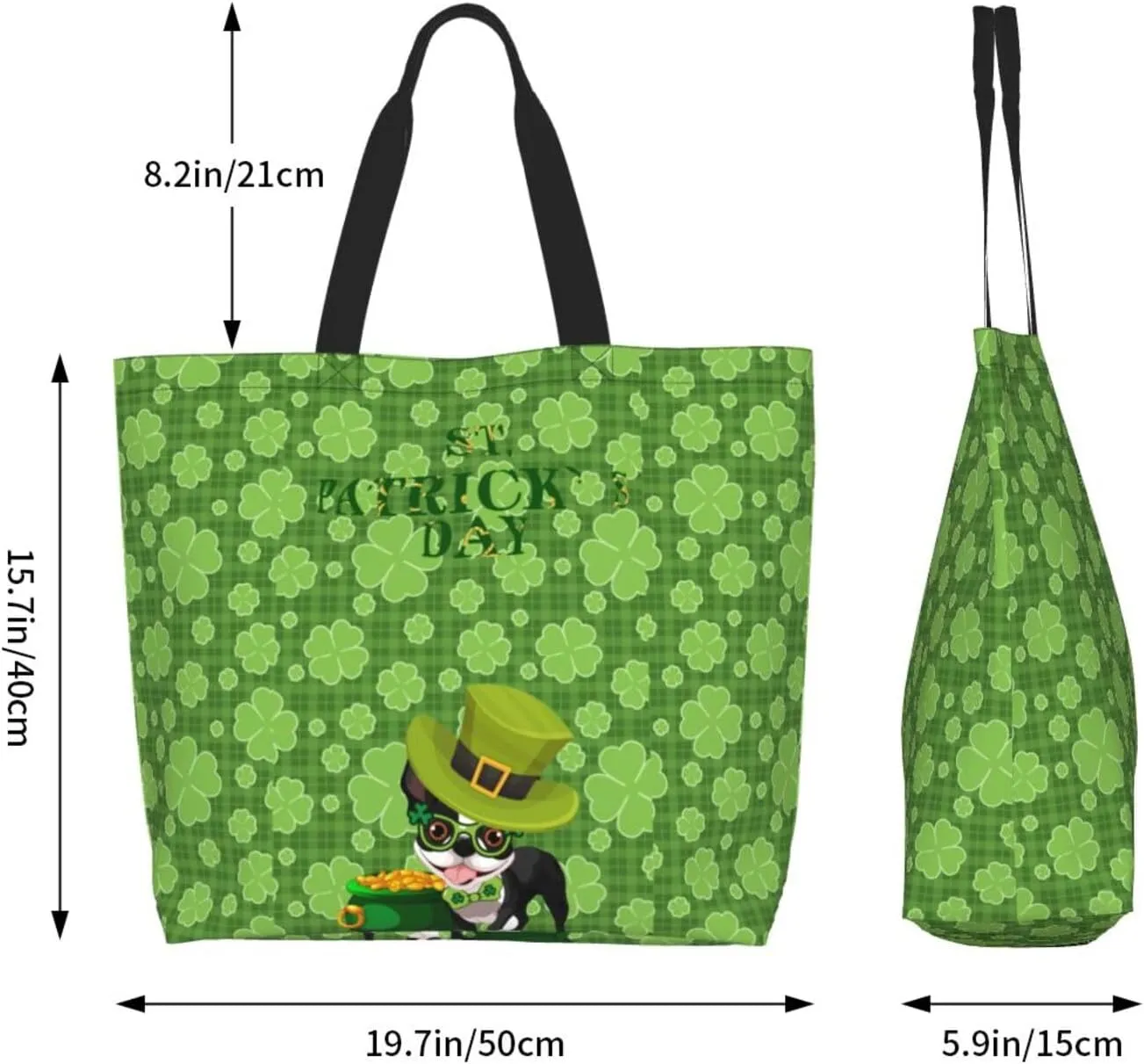 St. Patrick's Day Canvas Tote Bag Green Shamrock Shoulder Bag Clover Casual Grocery Bags Green Bags for Outdoor