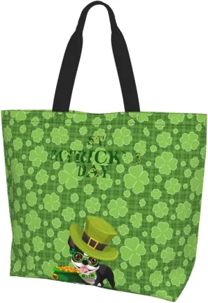 St. Patrick's Day Canvas Tote Bag Green Shamrock Shoulder Bag Clover Casual Grocery Bags Green Bags for Outdoor