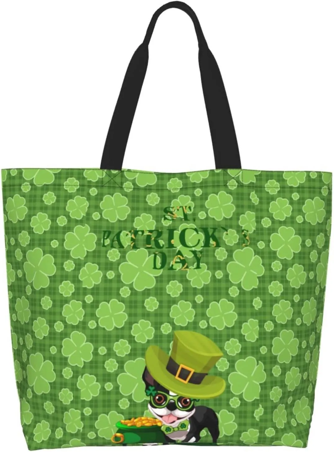 St. Patrick's Day Canvas Tote Bag Green Shamrock Shoulder Bag Clover Casual Grocery Bags Green Bags for Outdoor