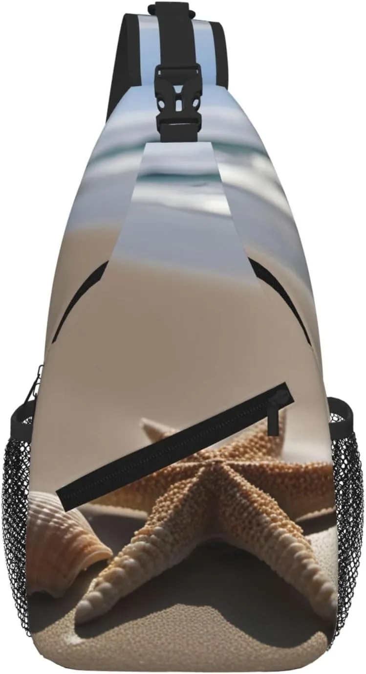 Starfish Seashell Sandy Beach Fashion Print Crossbody Chest Bag - Adjustable Strap For Hiking And Working