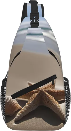 Starfish Seashell Sandy Beach Fashion Print Crossbody Chest Bag - Adjustable Strap For Hiking And Working